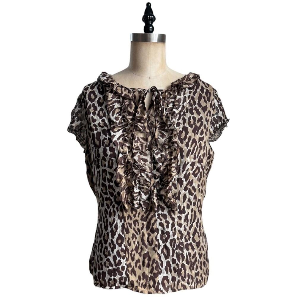 Vintage Y2K Bob Mackie leopard print silk shortsleeved blouse with ruffles
